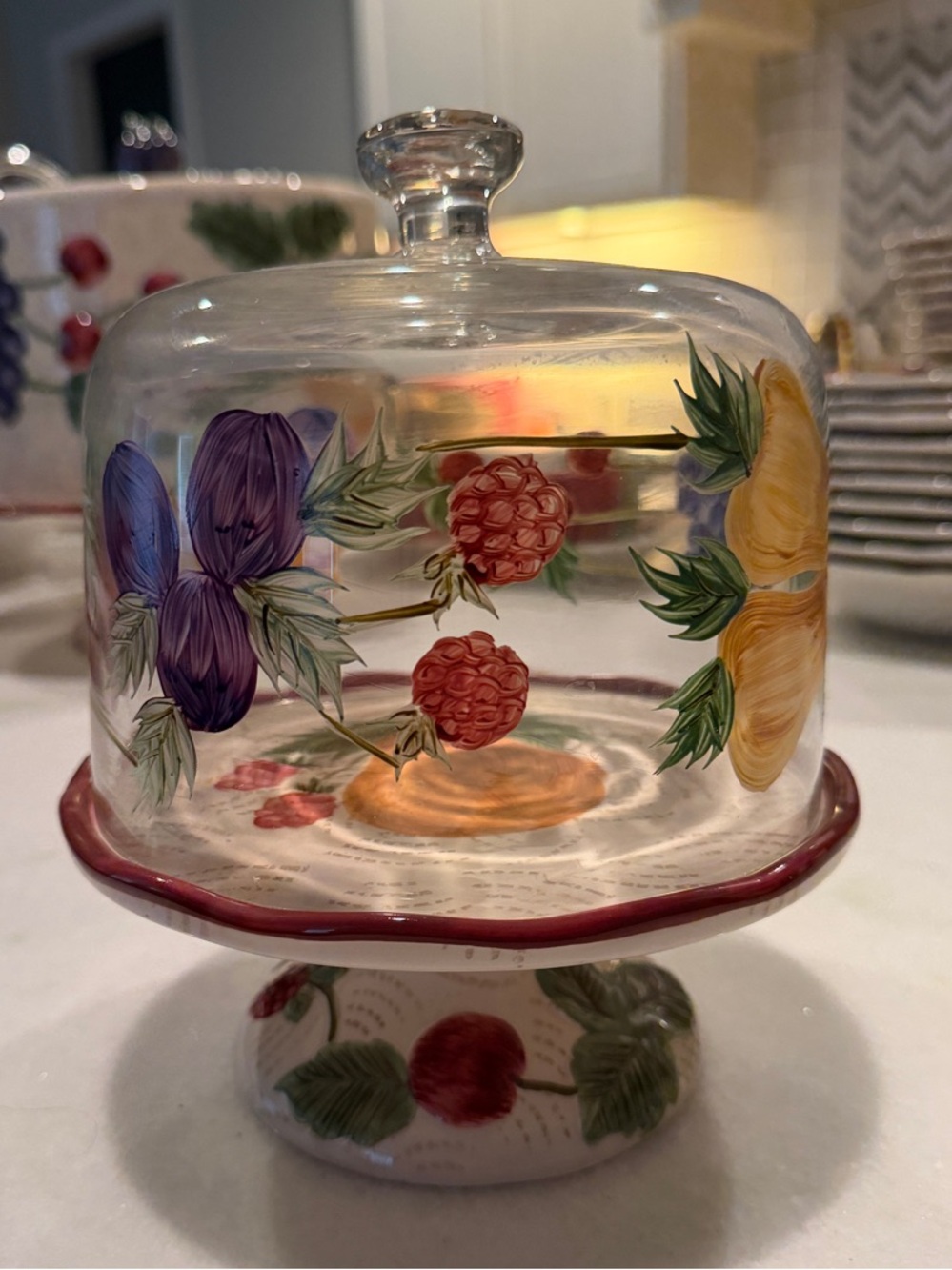 Hand-Painted Butter/Cheese Dome with Floral Fruit Motif - Clear with Red Accents